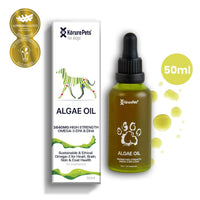 Korure Pets Algae Oil for dogs, carton with a dog graphic beside a dropper bottle marked 50ml.