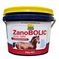 Kelato ZanoBOLIC Concentrate muscle and topline supplement in a 500g tub with a yellow lid