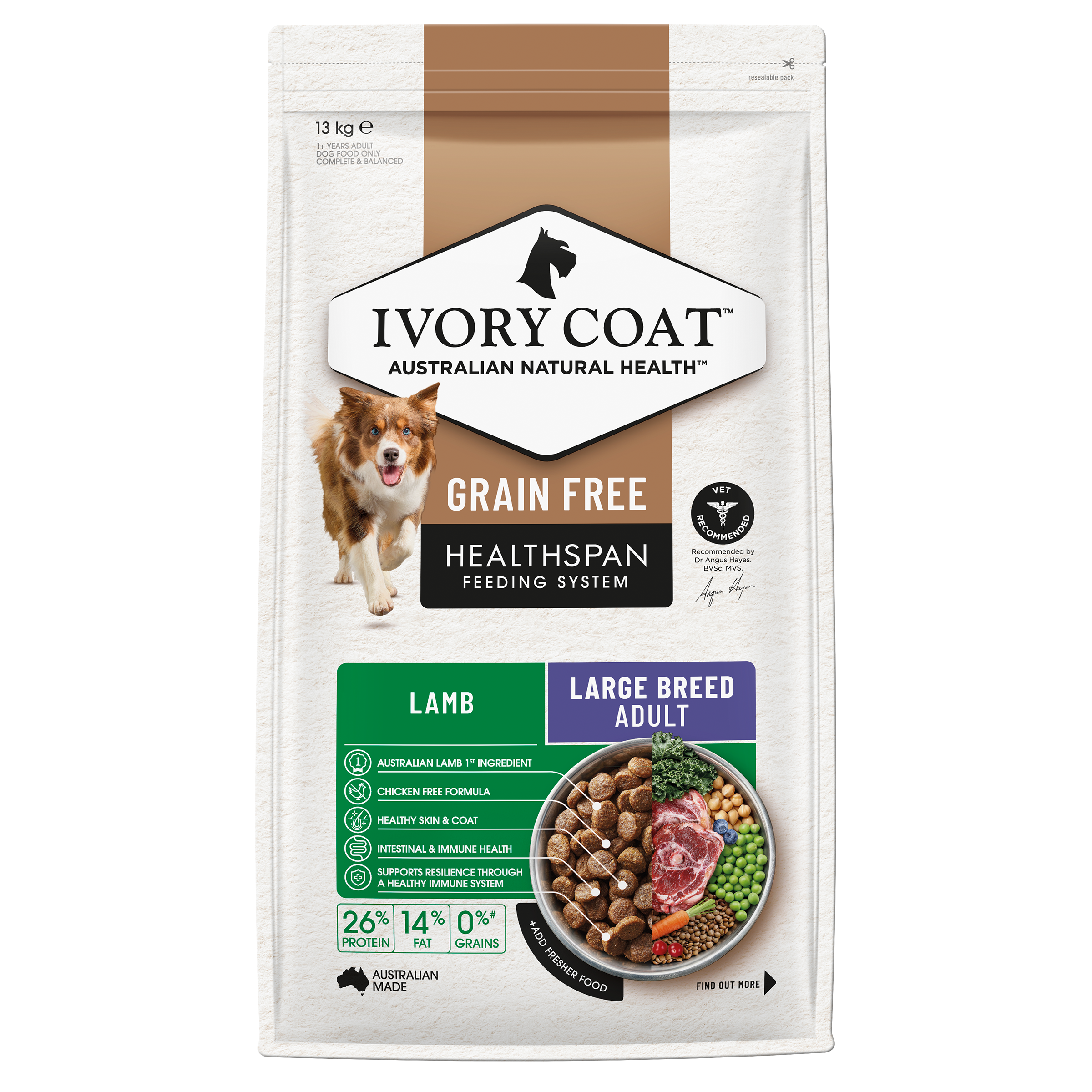 Ivory Coat Grain Free Adult Large Breed Dry Dog Food Lamb front of pack