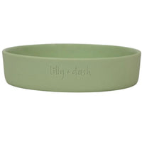 Lilly and Dash ceramic cat bowl in Mint, a shallow sage green bowl with an embossed logo