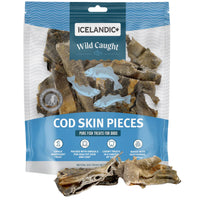 Icelandic+ Wild Caught Cod Skin Pieces pouch front with air-dried cod skin beside it