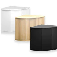 Three Juwel Trigon corner cabinets together in white, light wood and black