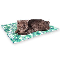 Cat lying on the Ibiyaya Chill Pad cooling mat in the leaf print