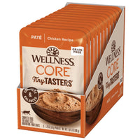 Row of twelve Wellness CORE Tiny Tasters Chicken Pate wet cat food pouches
