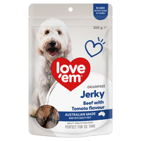 Love'em Grain Free Beef with Tomato Jerky Dog Treats front of pack