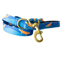 Anipal Piper the Platypus dog lead coiled, blue platypus print with a brass trigger clip