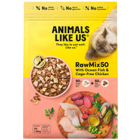 Animals Like Us RawMix50 Ocean Fish & Chicken cat food, front of the 1.36kg bag