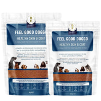 Feel Good Doggo Healthy Skin & Coat meal topper, both pouch sizes side by side