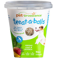 Tub front label, Pet Ervescence Treat-a-Balls Mango Chia & Spinach flavour