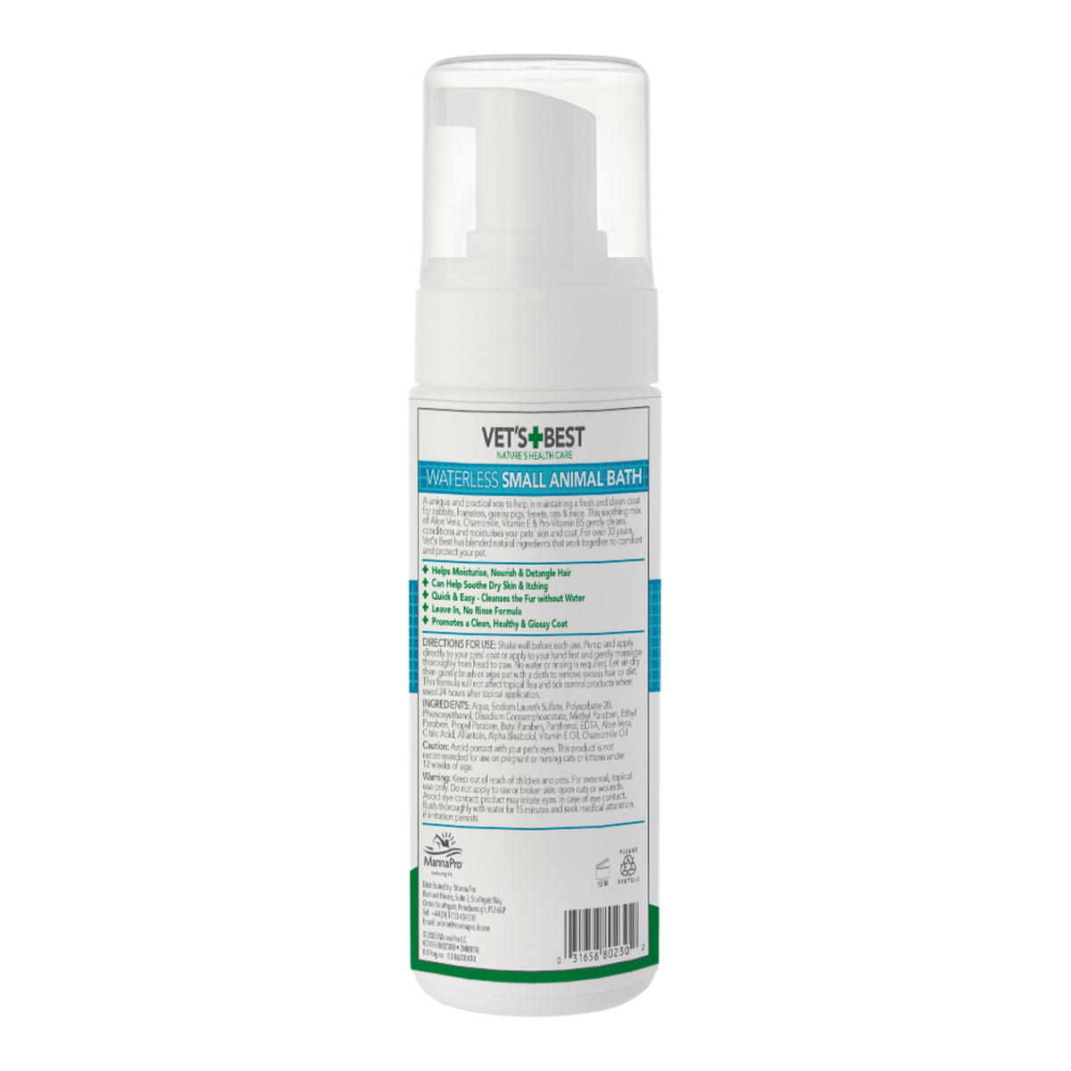 Vet's Best Waterless Small Animal Bath back label with ingredients and directions
