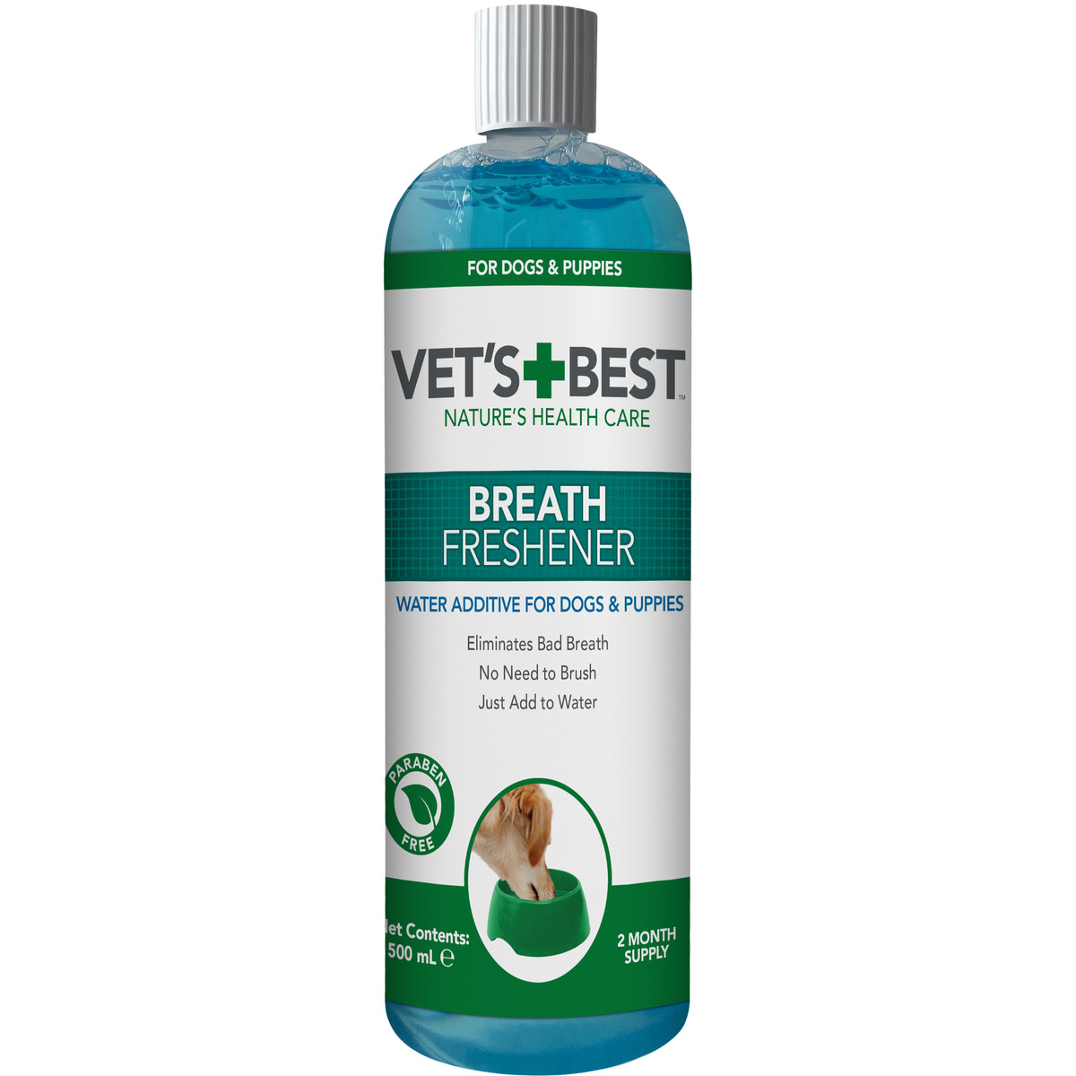 Vet's Best Dental Breath Freshener 500ml water additive for dogs and puppies, front of bottle