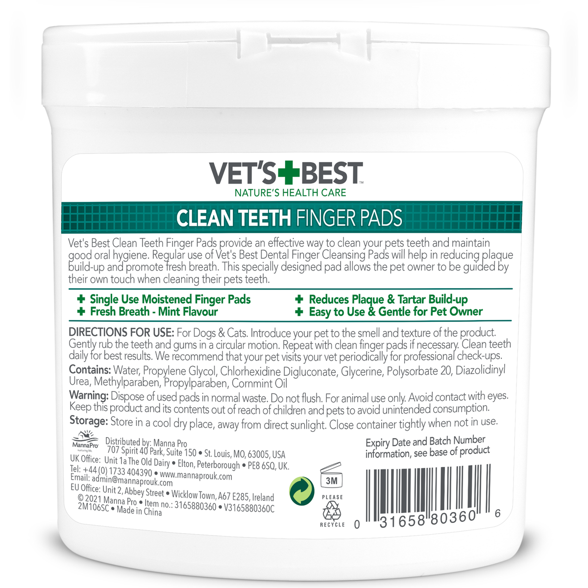 Vet's Best Dental Care Finger Wipes back of pack showing ingredients and how to use