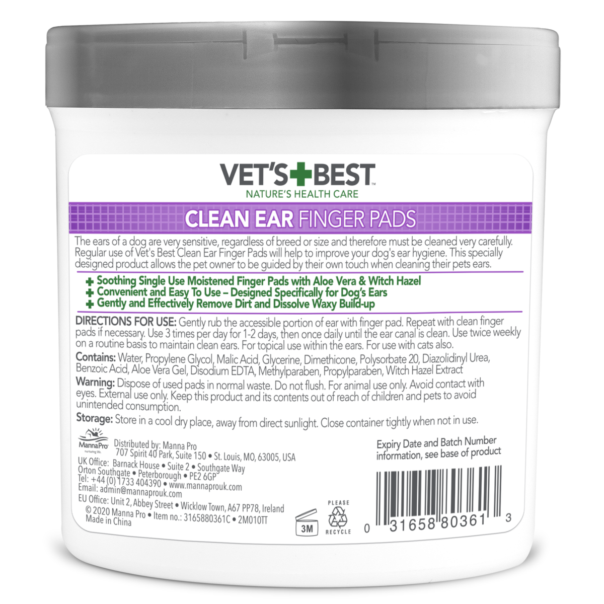Vet's Best Clean Ear Finger Pads back of pack showing the ingredient list and directions