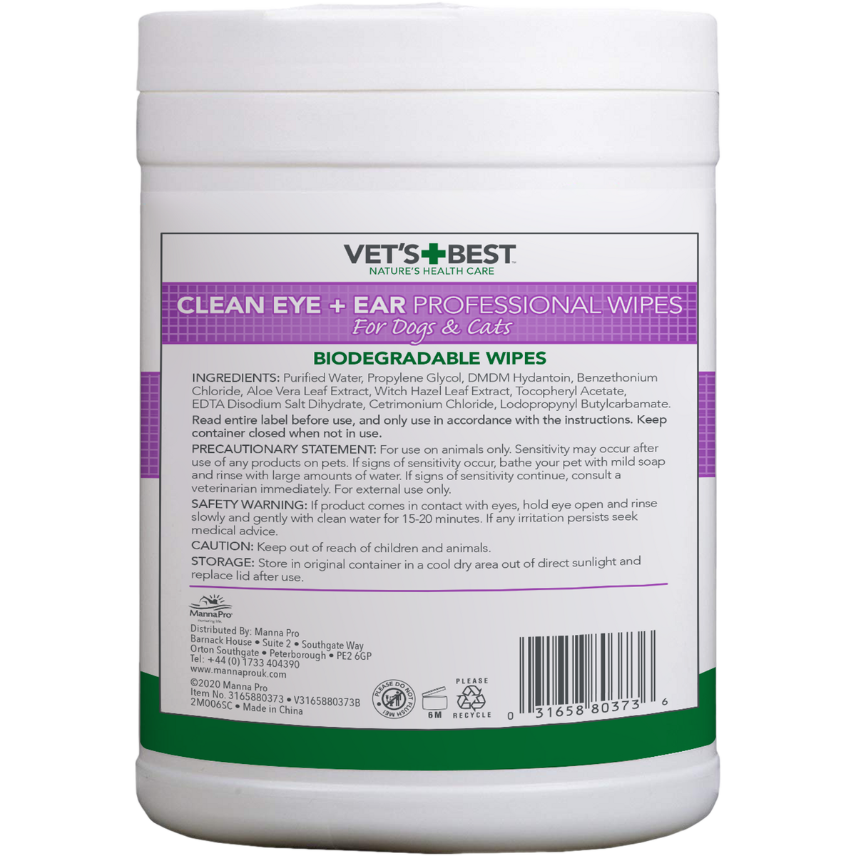 Vet's Best Clean Eye and Ear Professional Wipes back of pack with the ingredient list