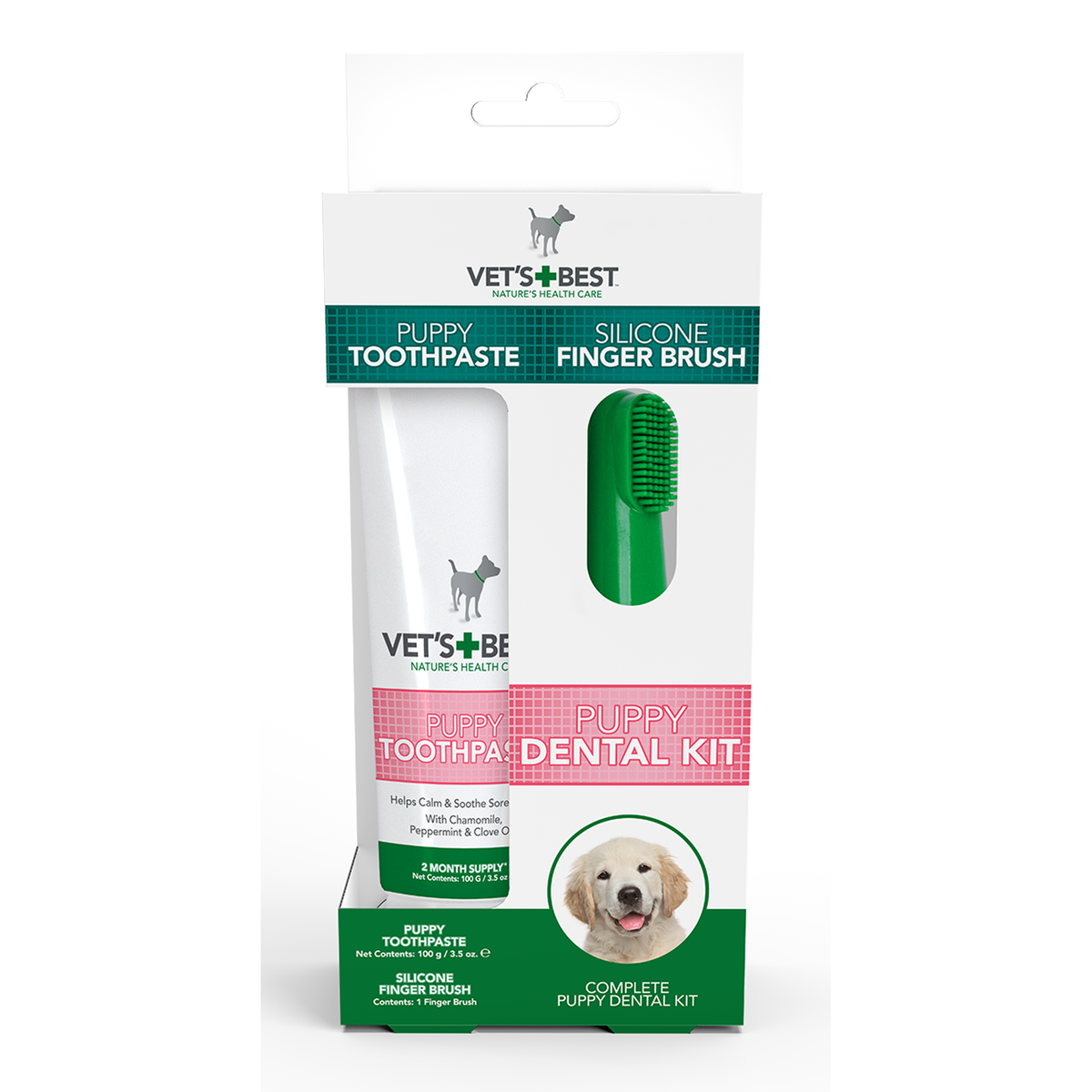 Vet's Best Dental Care Kit for Puppies, front of pack with toothpaste and triple-headed toothbrush