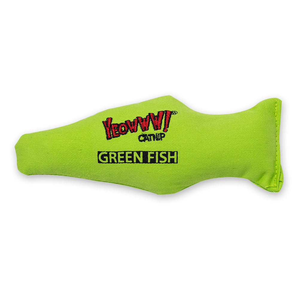 Yeowww! Fish catnip cat toy in bright green, over 7 inches