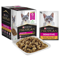 PRO PLAN Adult Sensitive Chicken in Gravy carton, pouch and a serving of the pieces on a tray