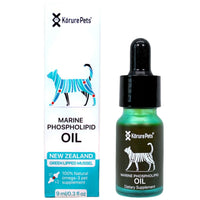Korure Pets Marine Phospholipid Oil for cats, carton with a cat graphic beside its green dropper bottle.