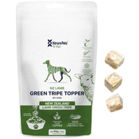Korure Pets NZ Lamb Green Tripe Topper for dogs, white and green pouch with freeze dried cubes.