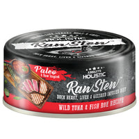 Absolute Holistic Raw Stew Wild Tuna & Fish Roe Recipe, 80g can front, duck offal infused