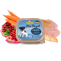 GranataPet Mini Royal Turkey & Coney Puppy Junior 150g tray, with carrots, parsnip and raw poultry alongside