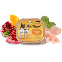 GranataPet Mini Royal Chicken & Prawns 150g dog food tray, with pumpkin, basil, prawns and chicken alongside