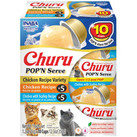 Inaba Churu Pop'N Serve Chicken Recipe Variety cat treats, front of the 10-cup box