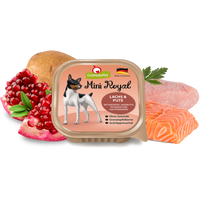 GranataPet Mini Royal Salmon & Turkey 150g dog food tray, with a potato, parsley, salmon and turkey alongside