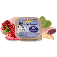 GranataPet Mini Royal Duck & Goose 150g dog food tray, with spinach, pomegranate and raw poultry alongside