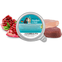 GranataPet Filet A La Carte Tuna & Turkey 85g tray with a raw tuna steak, turkey breast and pomegranate