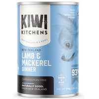 Kiwi Kitchens canned dog food can front reading Lamb & Mackerel Dinner, 375 g, carrageenan free.