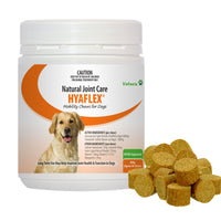 Vetnex Hyaflex Mobility Chews tub showing the active ingredients panel, with the brown chews beside it