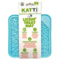 Katti Lickin' Treat Mat in its card packaging, blue silicone mat