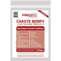 BetaVet Chaste Berry + Red Marine Minerals 200g pouch, mare balance and gastric conditioner label