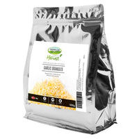 Crooked Lane Harvest Garlic Granules 500g bag front, silver foil pouch with a black label strip