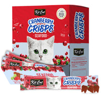 Kit Cat Cranberry Crisps Seafood cat treats, retail display carton with stick packs in front