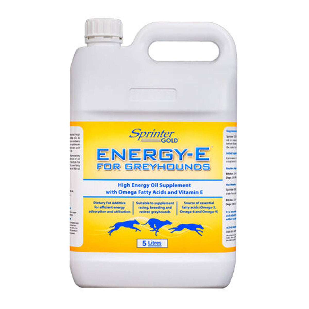 Sprinter Gold Energy E oil greyhound supplement drum, front label