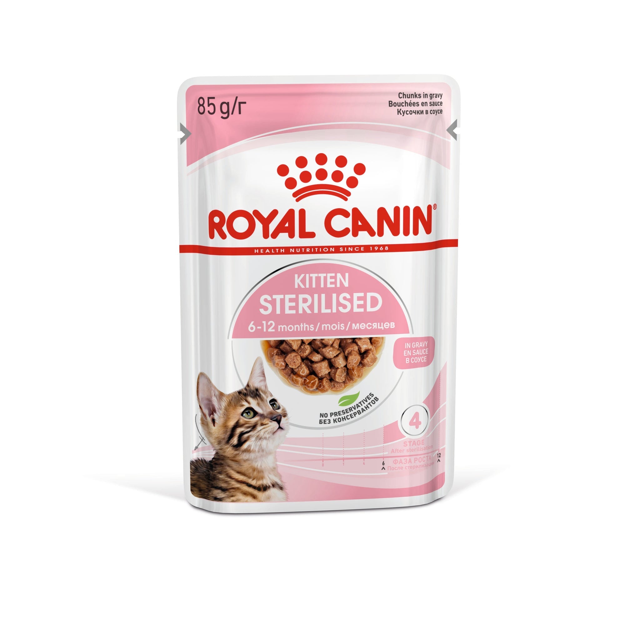 Royal Canin Kitten Sterilised gravy wet cat food 85g pouch front