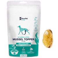 Korure Pets NZ Green Lipped Mussel Topper for dogs, white and teal pouch with a dried mussel.