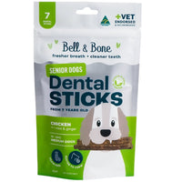 Bell and Bone Senior Chicken, Mint & Ginger Dental Sticks packaging close-up