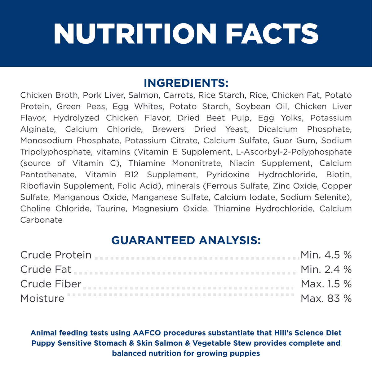 Ingredients and guaranteed analysis for Hill's Puppy Sensitive Stomach and Skin salmon stew