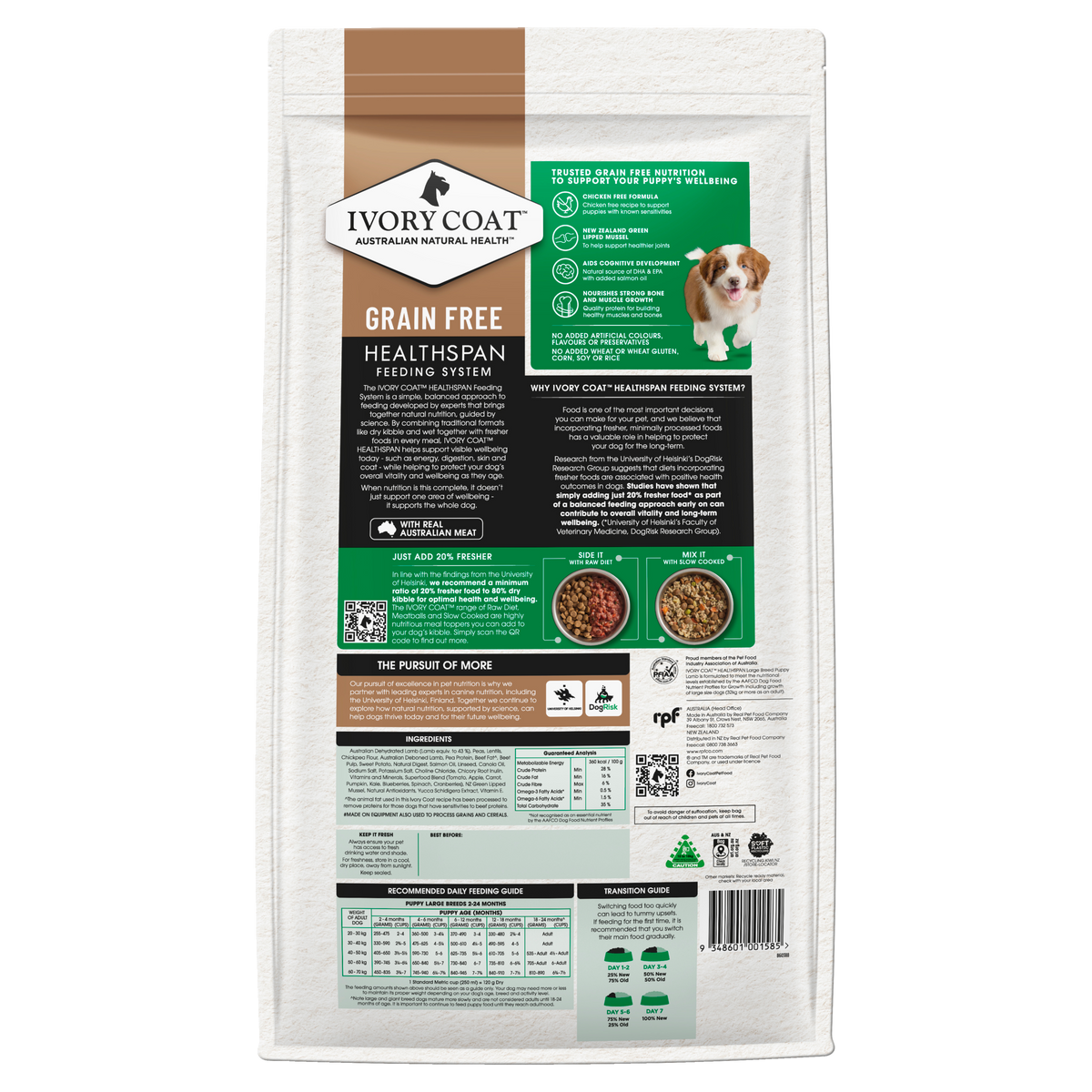 Back of the Ivory Coat Grain Free Lamb Large Breed Puppy dry dog food bag