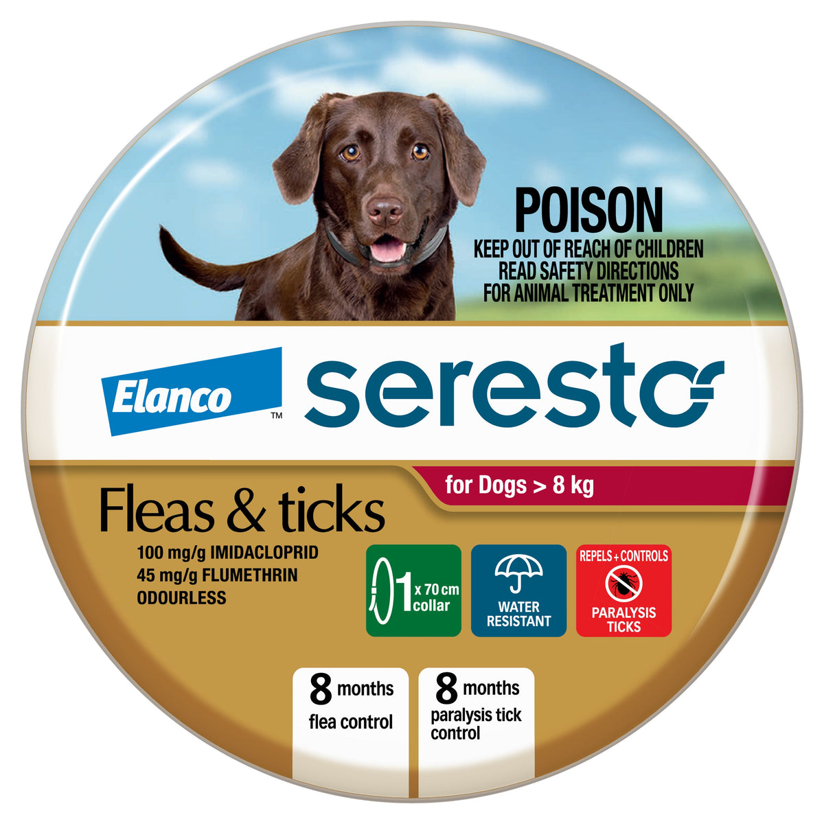 Seresto Flea and Tick Collar for Dogs over 8kg, front of single collar pack