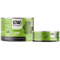Kiwi Kitchens Lamb Dinner canned cat food, the 170 g and 85 g cans shown side by side.