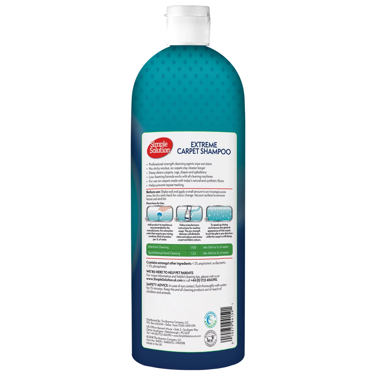 Simple Solution Extreme Carpet Shampoo 1 litre back of pack showing the machine and spot cleaning dilution rates