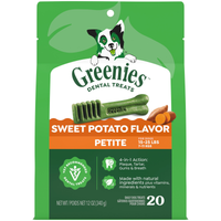 GREENIES Sweet Potato Flavour Petite dental treats for dogs 7 to 11kg, front of the pack