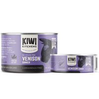 Kiwi Kitchens Venison Dinner canned cat food, the 170 g and 85 g cans shown side by side.