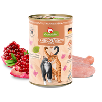 GranataPet DeliCatessen Turkey & Pheasant tin in salmon-pink livery, with raw poultry and a halved pomegranate