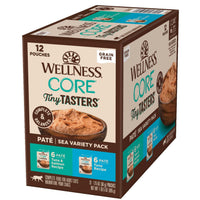 Wellness CORE Tiny Tasters Pate Sea Variety Pack carton, six tuna and salmon and six tuna pouches