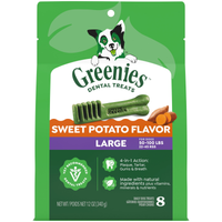 GREENIES Sweet Potato Flavour Large dental treats for dogs 22 to 45kg, front of the pack